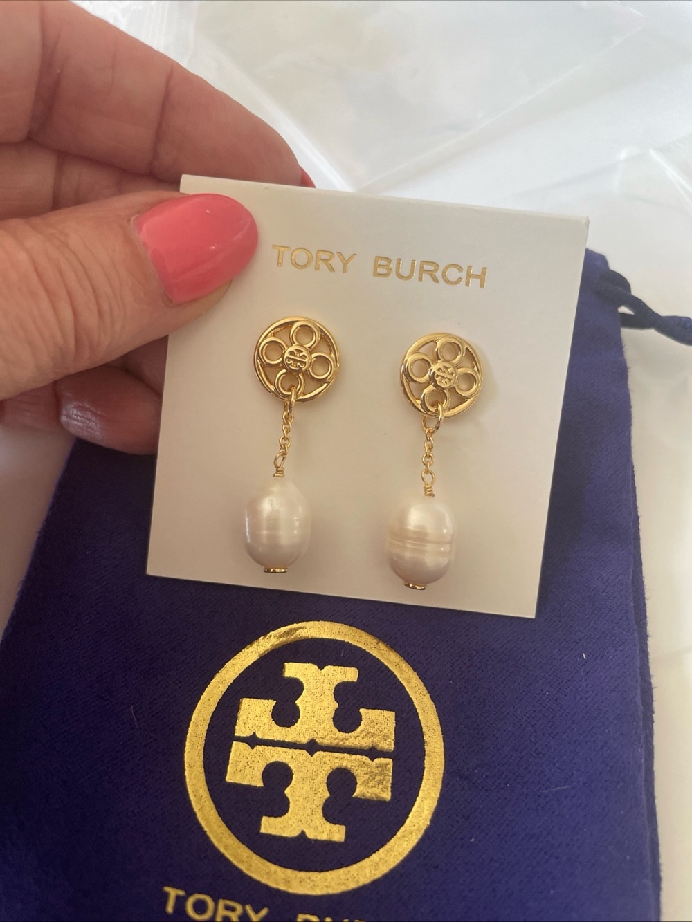 Tory Burch Gold Logo Drop Earrings with Cream Pearl